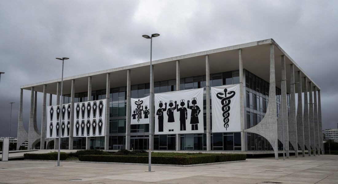 Fachada da CLDF com banners de sindicato de enfermeiros, destacando crise na saúde pública no Brasil.