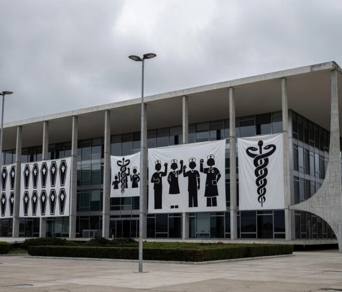 Fachada da CLDF com banners de sindicato de enfermeiros, destacando crise na saúde pública no Brasil.