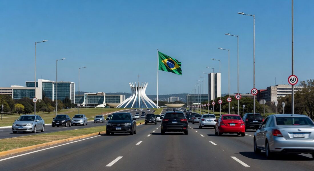 Avenida movimentada em Brasília com tráfego intenso, ilustrando aumento de acidentes no Distrito Federal segundo estudo do Detran-DF.