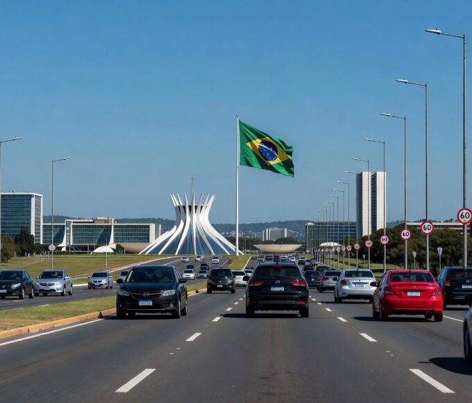 Avenida movimentada em Brasília com tráfego intenso, ilustrando aumento de acidentes no Distrito Federal segundo estudo do Detran-DF.