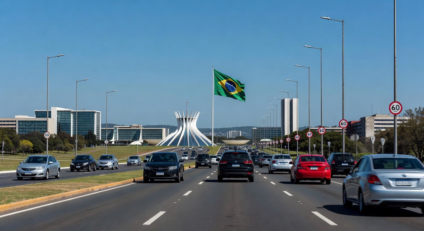 Avenida movimentada em Brasília com tráfego intenso, ilustrando aumento de acidentes no Distrito Federal segundo estudo do Detran-DF.