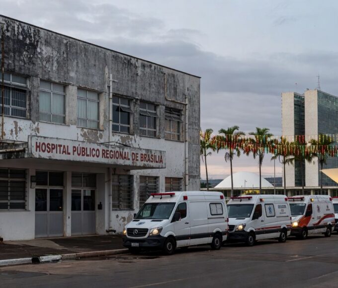 Hospital público lotado em Brasília contrastando com prédio da CLDF iluminado para festas, destacando colapso na saúde do DF.