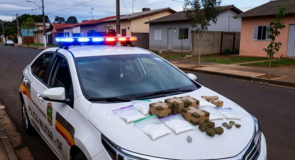 Viatura da PMDF com 180 kg de drogas apreendidas no Recanto das Emas, avaliadas em R$ 1 milhão.