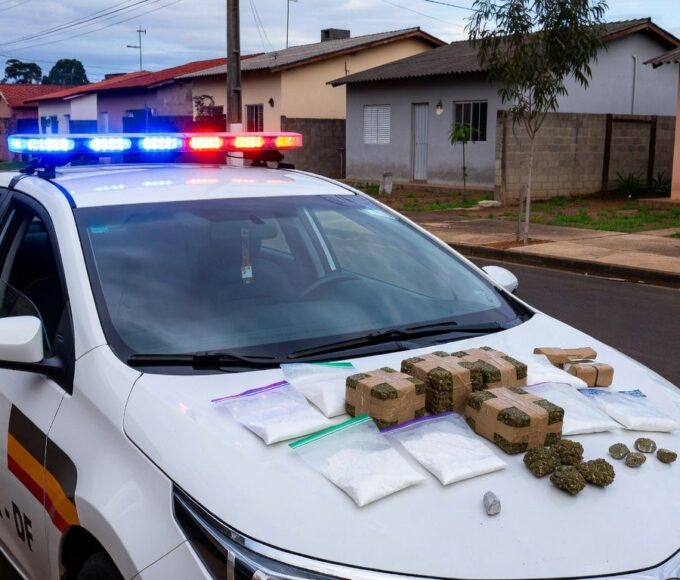 Viatura da PMDF com 180 kg de drogas apreendidas no Recanto das Emas, avaliadas em R$ 1 milhão.