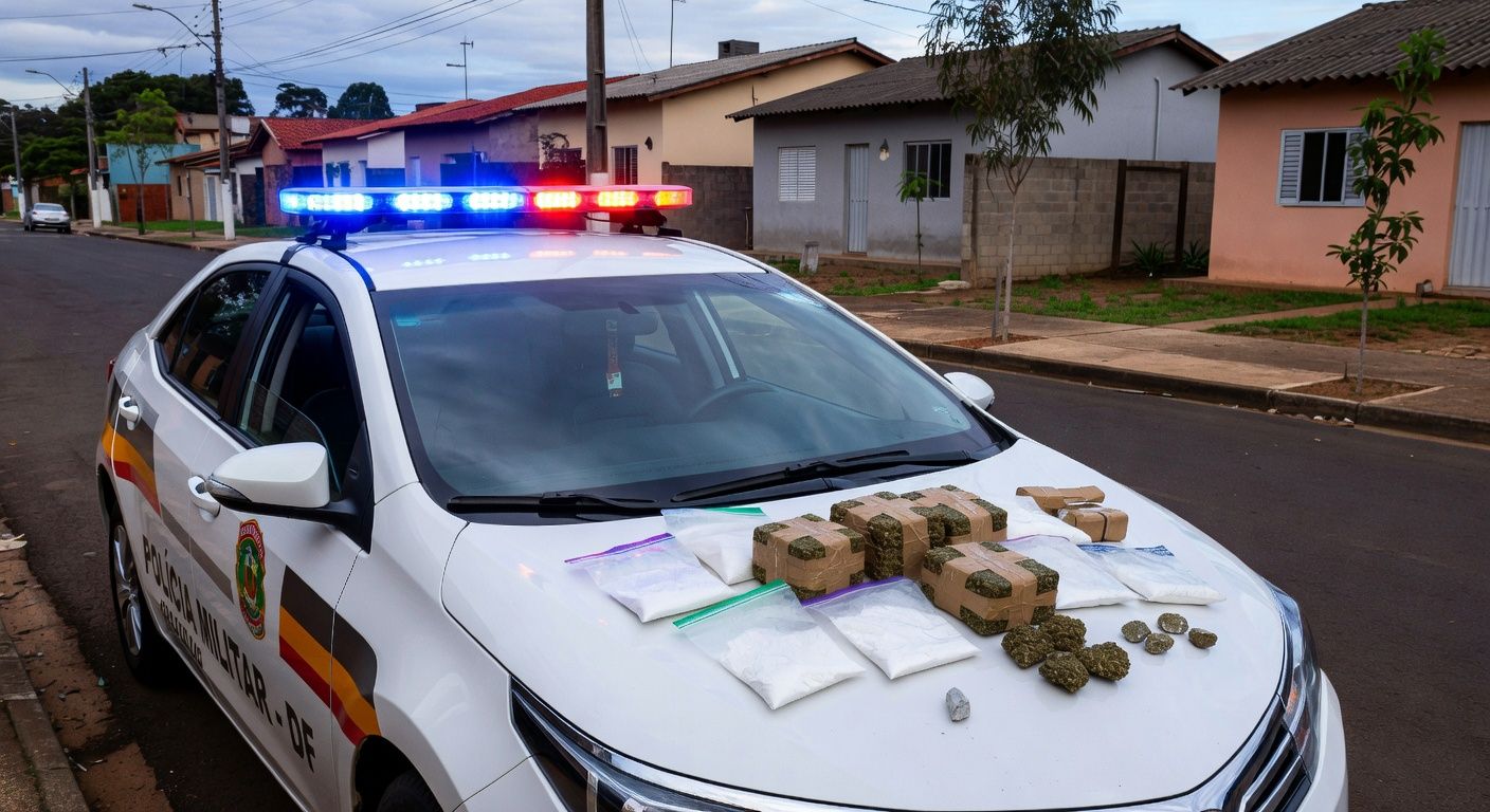 Viatura da PMDF com 180 kg de drogas apreendidas no Recanto das Emas, avaliadas em R$ 1 milhão.