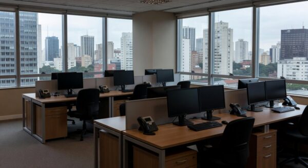 Escritório vazio em São Paulo representando preconceito e assédio no trabalho.