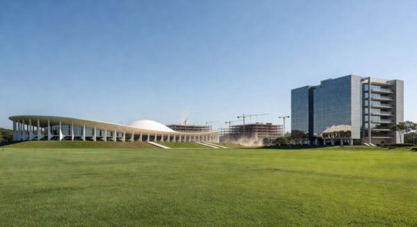 Campus universitário moderno no DF, representando expansão da UnDF e crescimento de matrículas no ensino superior público.