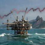 Plataforma de petróleo offshore na costa brasileira, representando alta nos preços e queda nas bolsas por conflito global.