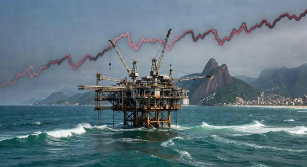 Plataforma de petróleo offshore na costa brasileira, representando alta nos preços e queda nas bolsas por conflito global.