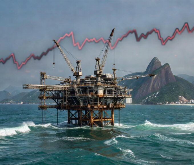 Plataforma de petróleo offshore na costa brasileira, representando alta nos preços e queda nas bolsas por conflito global.
