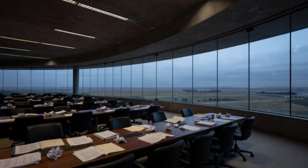 Edifício da CLDF em Brasília com banner desbotado de empoderamento feminino, destacando falha em ações concretas.