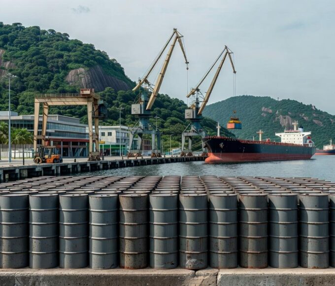 Barris de petróleo em porto brasileiro, representando tensões no mercado global de óleo.