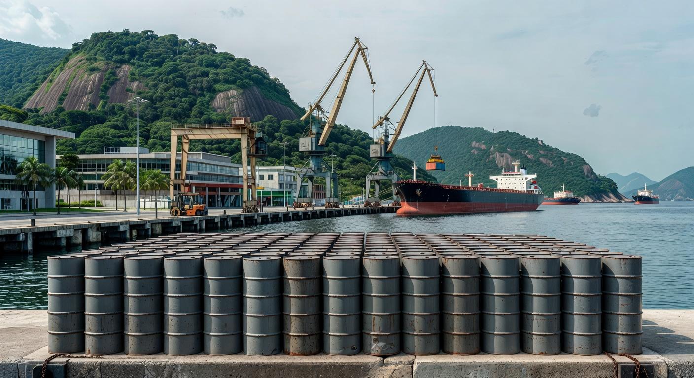 Barris de petróleo em porto brasileiro, representando tensões no mercado global de óleo.