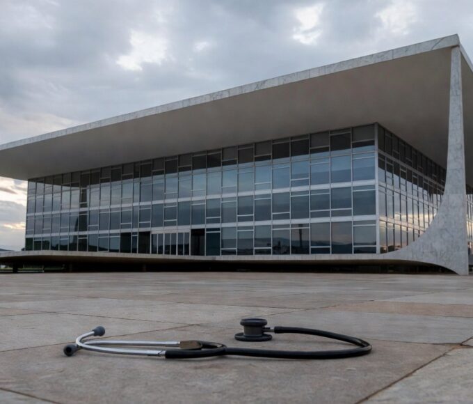 Hospital público deteriorado e viatura policial em Brasília, representando falhas na saúde e segurança do DF.