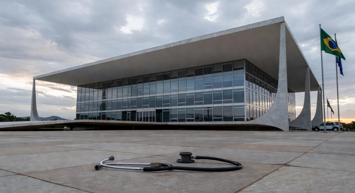 Hospital público deteriorado e viatura policial em Brasília, representando falhas na saúde e segurança do DF.