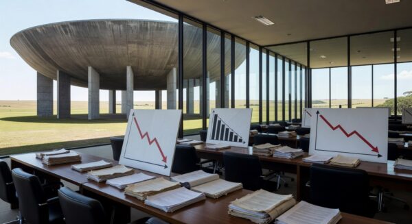 Fachada da CLDF em Brasília com documentos fiscais indicando resultados preocupantes para 2025.