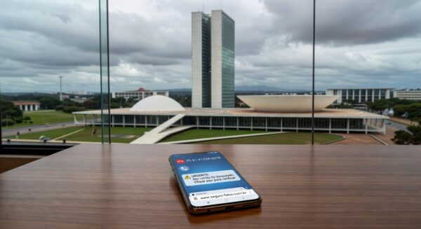 Smartphone com mensagem de golpe virtual em mesa de casa em Brasília, alertando para vulnerabilidades online de idosas.