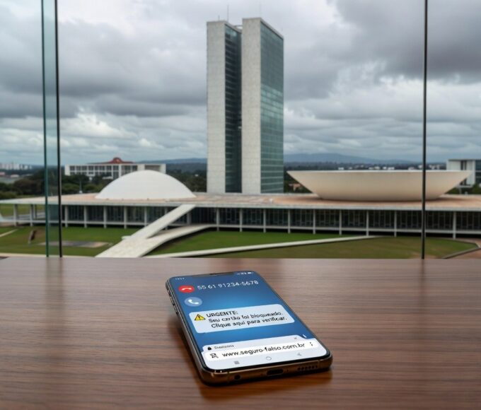 Smartphone com mensagem de golpe virtual em mesa de casa em Brasília, alertando para vulnerabilidades online de idosas.