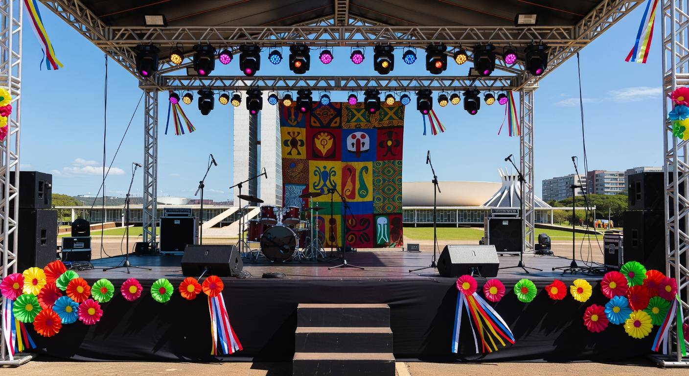 Palco preparado para festa de axé no DF, com equipamentos de som e decorações coloridas, arquitetura de Brasília ao fundo.