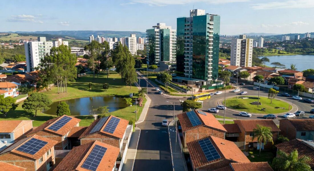 Vista urbana de Riacho Fundo II no DF, com investimentos em infraestrutura sustentável e autossuficiência.