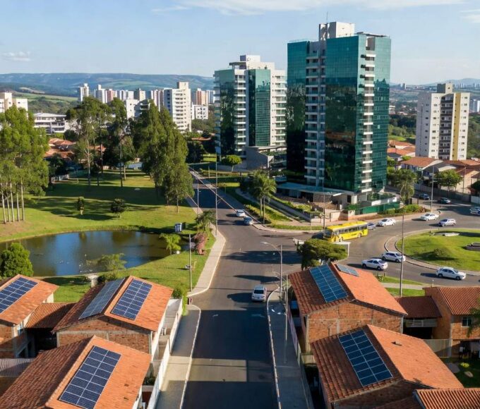 Vista urbana de Riacho Fundo II no DF, com investimentos em infraestrutura sustentável e autossuficiência.
