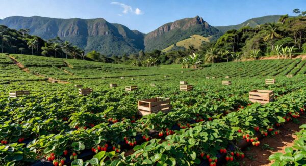 Plantação de morangos no Espírito Santo afetada por importações do Egito, com frutos maduros e relevo montanhoso ao fundo.