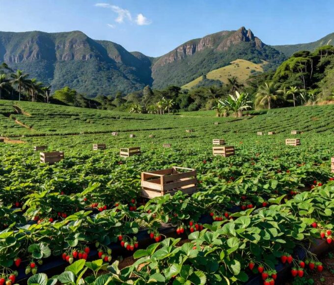 Plantação de morangos no Espírito Santo afetada por importações do Egito, com frutos maduros e relevo montanhoso ao fundo.