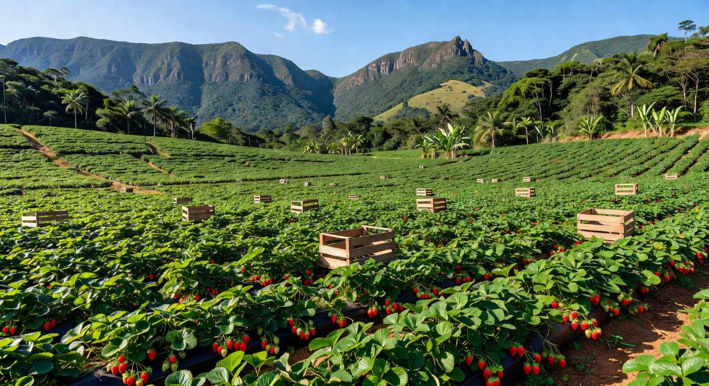 Plantação de morangos no Espírito Santo afetada por importações do Egito, com frutos maduros e relevo montanhoso ao fundo.