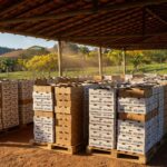 Granja avícola brasileira com caixas de ovos empilhadas, representando recorde de exportações em fevereiro de 2026.