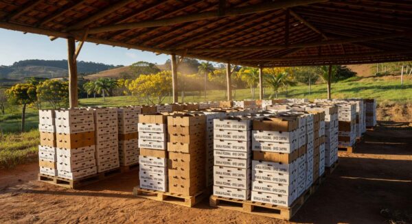 Granja avícola brasileira com caixas de ovos empilhadas, representando recorde de exportações em fevereiro de 2026.