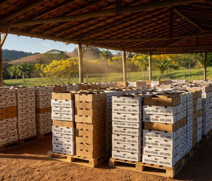 Granja avícola brasileira com caixas de ovos empilhadas, representando recorde de exportações em fevereiro de 2026.