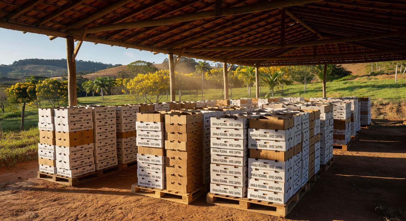 Granja avícola brasileira com caixas de ovos empilhadas, representando recorde de exportações em fevereiro de 2026.