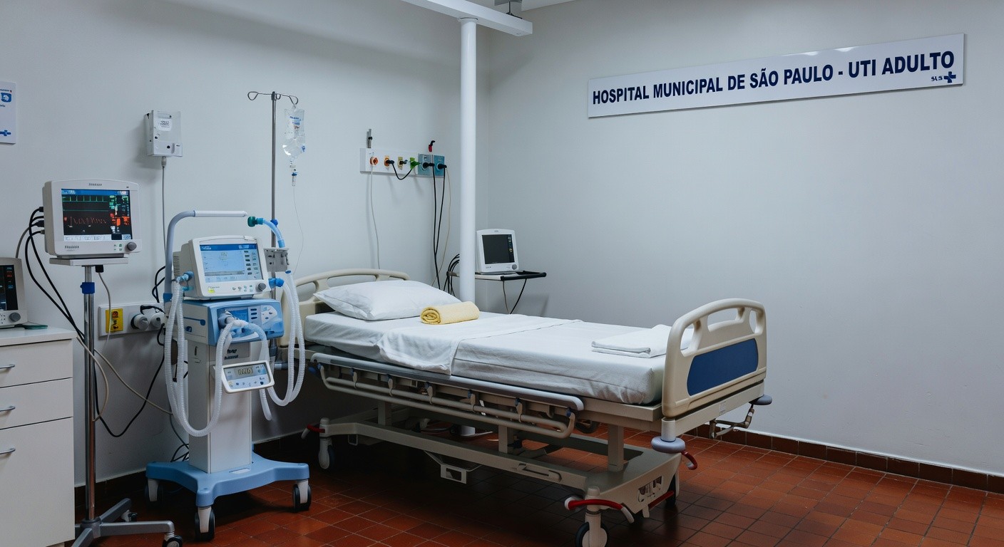 Sala de UTI em hospital brasileiro com equipamentos médicos e cama vazia, representando melhora renal e inflamação em paciente.