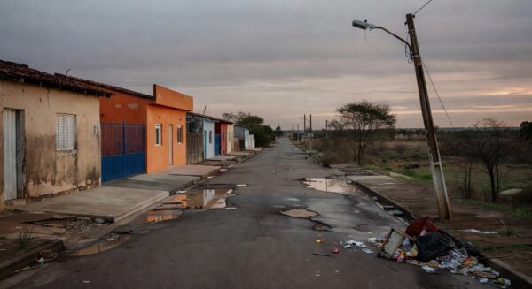 Rua em Riacho Fundo I com casas antigas reformadas tardiamente e problemas de infraestrutura persistentes.