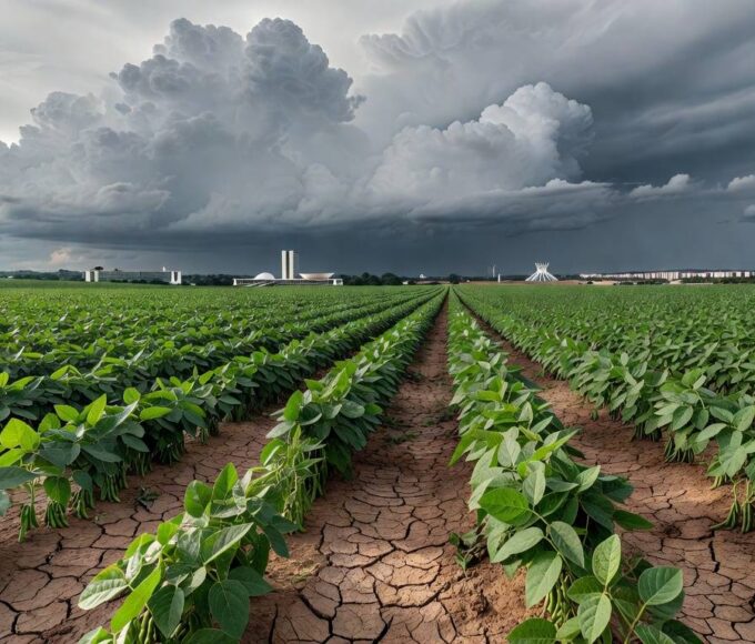 Lavoura de soja no DF com horizonte de Brasília, ilustrando incentivos fiscais para agropecuária e agravamento do desequilíbrio fiscal.
