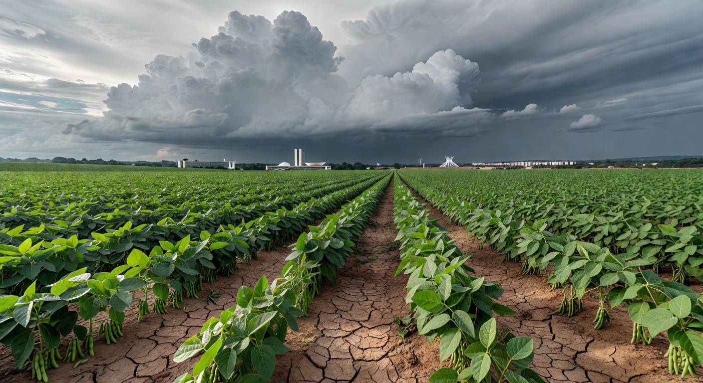 Lavoura de soja no DF com horizonte de Brasília, ilustrando incentivos fiscais para agropecuária e agravamento do desequilíbrio fiscal.