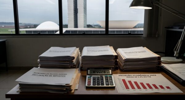 Mesa com documentos fiscais e gráficos de declínio econômico em Brasília, criticando alta carga tributária.