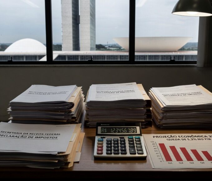 Mesa com documentos fiscais e gráficos de declínio econômico em Brasília, criticando alta carga tributária.