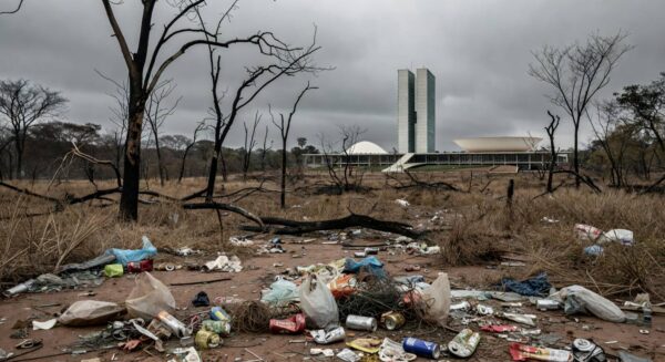 Paisagem degradada no Cerrado do DF com Câmara Legislativa ao fundo, destacando críticas à ineficácia ambiental.