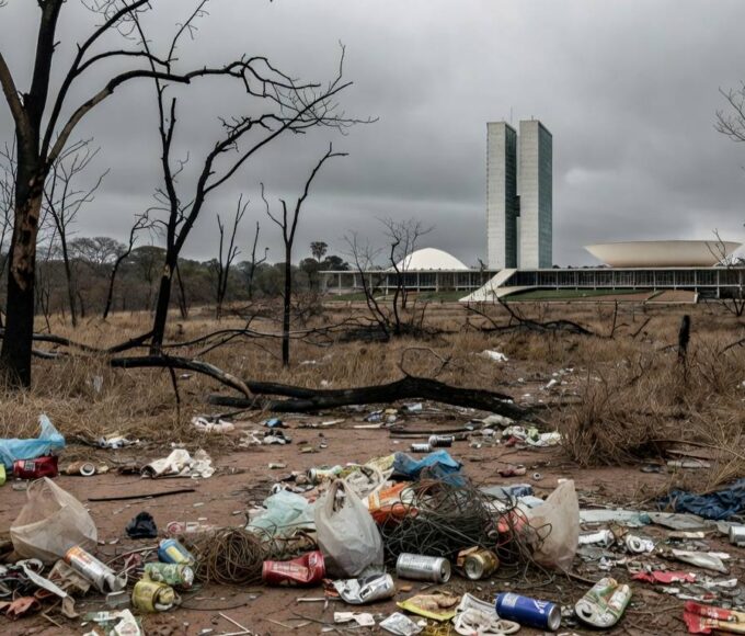 Paisagem degradada no Cerrado do DF com Câmara Legislativa ao fundo, destacando críticas à ineficácia ambiental.