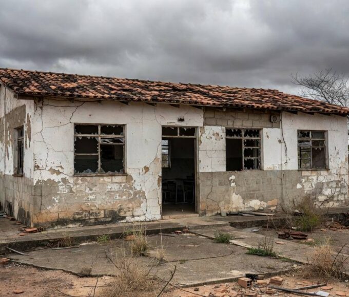Escola pública deteriorada em Sobradinho, DF, representando falhas crônicas na educação do Distrito Federal.
