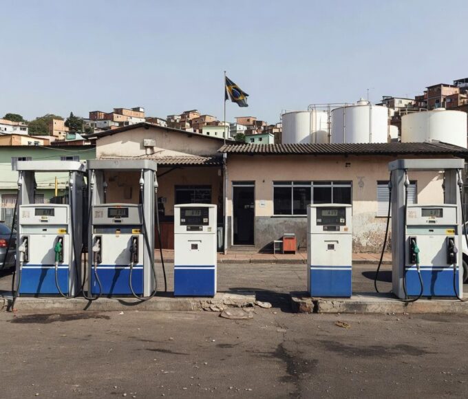 Posto de gasolina no Brasil com bombas de combustível e tanques, representando monitoramento da ANP e debate sobre ICMS.