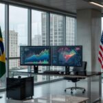 Escritório financeiro em São Paulo com telas de apostas e mapas militares, representando polêmica de Kalshi.