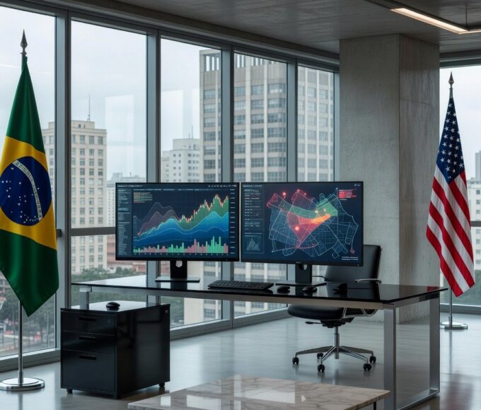 Escritório financeiro em São Paulo com telas de apostas e mapas militares, representando polêmica de Kalshi.