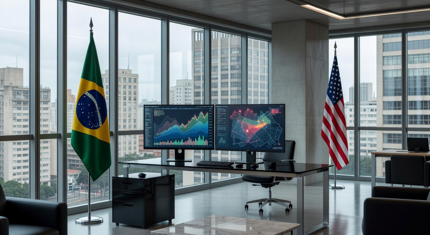 Escritório financeiro em São Paulo com telas de apostas e mapas militares, representando polêmica de Kalshi.