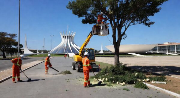 Ações de zeladoria do GDF e Novacap em regiões do DF, com equipes limpando áreas urbanas em Brasília.