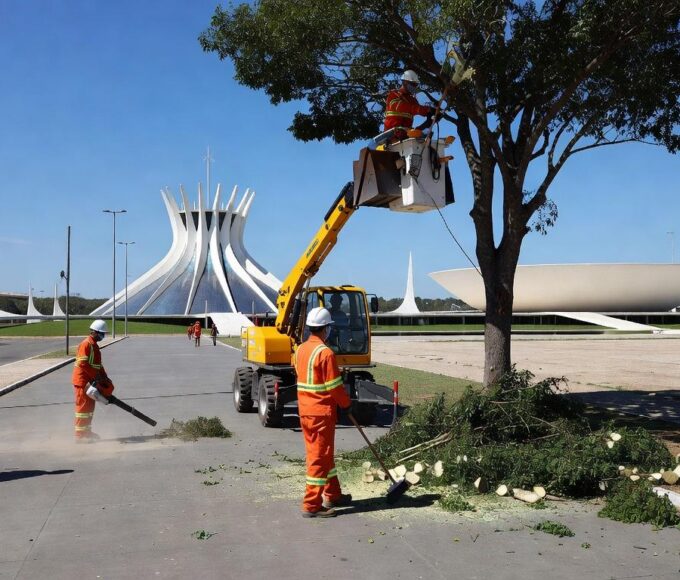 Ações de zeladoria do GDF e Novacap em regiões do DF, com equipes limpando áreas urbanas em Brasília.