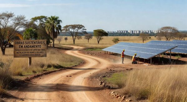 Obras de infraestrutura sustentável no Parque do Recanto das Emas, DF, com caminhos ecológicos e painéis solares em construção.