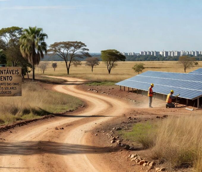 Obras de infraestrutura sustentável no Parque do Recanto das Emas, DF, com caminhos ecológicos e painéis solares em construção.