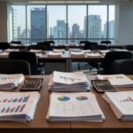 Escritório corporativo em São Paulo com documentos financeiros, representando elevação de custos para empresas no Brasil.